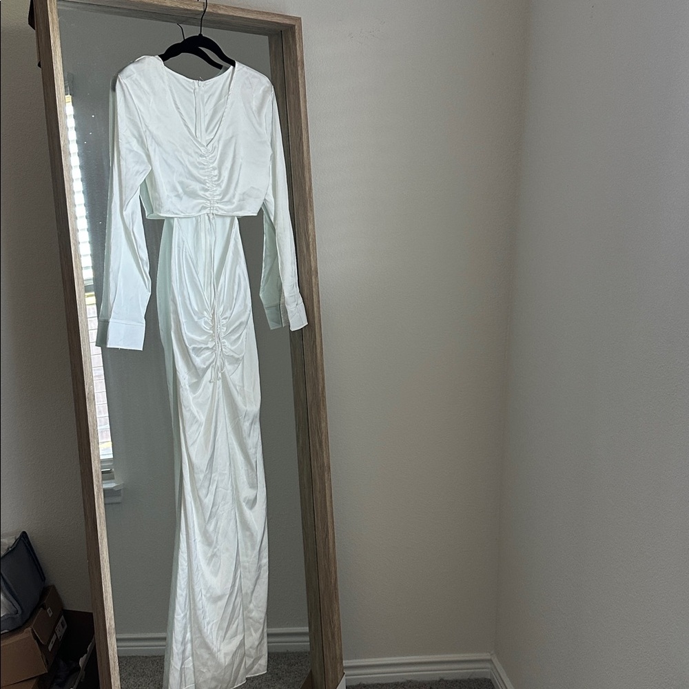 Kikiriki Satin White Long-Sleeve Ruched Cutout Maxi Dress